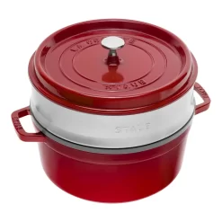 Staub Cocotte Mit Dämpfeinsatz 26 Cm, Rund, Kirsch-Rot, Gusseisen